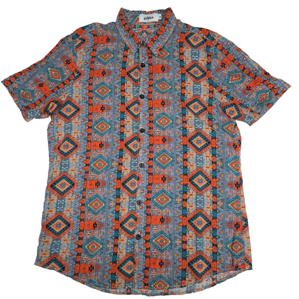 Vatpave Short Sleeve Button Down Shirt Men M Blue Orange Aztec Cotton Blend